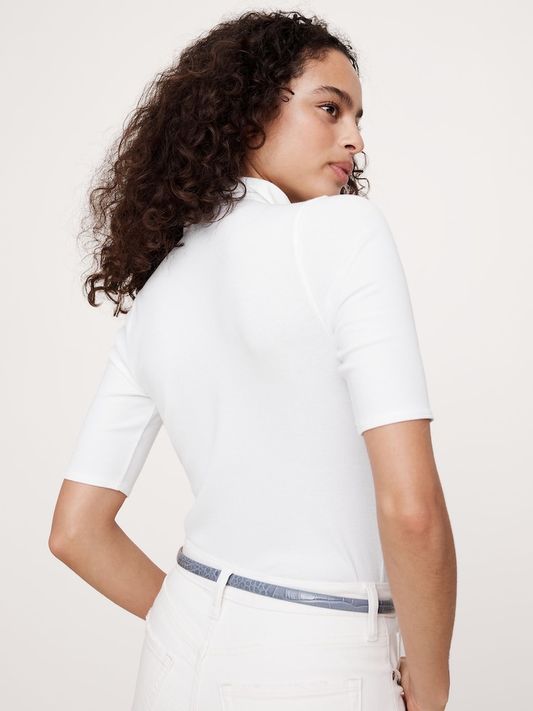 Белый - Banana Republic Ribbed Cotton-Modal Elbow-Sleeve Polo Shirt - Изображение 2 из 4