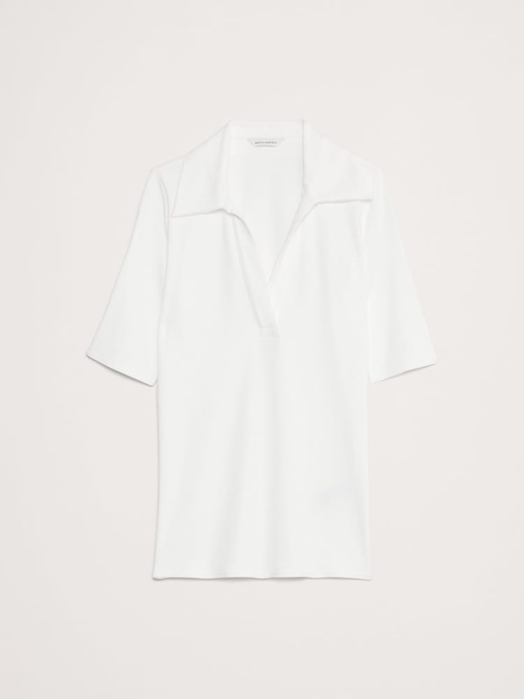 Белый - Banana Republic Ribbed Cotton-Modal Elbow-Sleeve Polo Shirt - Изображение 4 из 4