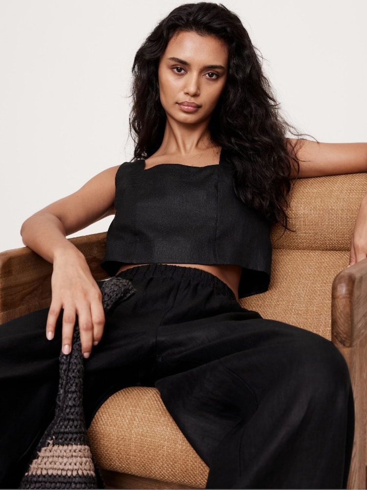 Banana Republic Black Linen Square-Neck Cropped Tank Top - Image 1 of 4