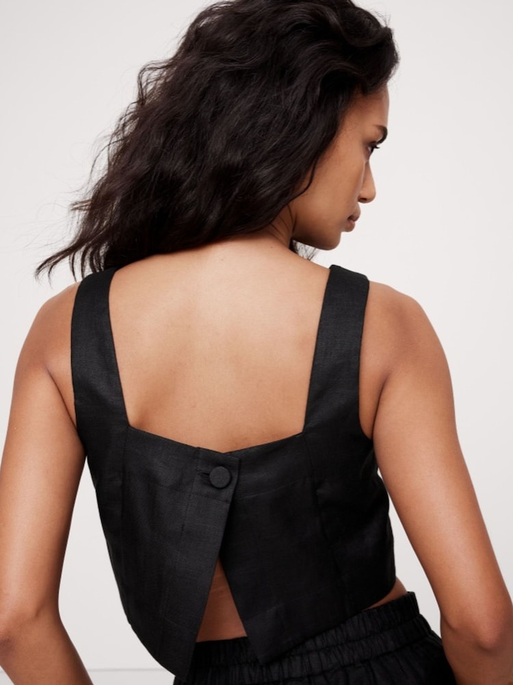 Banana Republic Black Linen Square-Neck Cropped Tank Top - Image 2 of 4