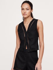 Banana Republic Black 100% Linen Lace-Trim Vest Top - Image 1 of 1