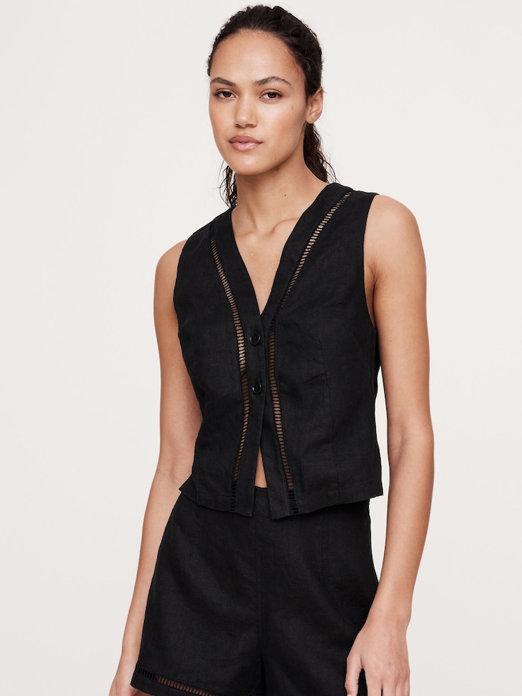 Banana Republic Black 100% Linen Lace-Trim Vest Top - Image 1 of 1