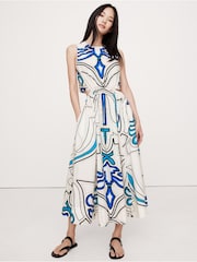 Banana Republic Cream/Blue Print Cotton Poplin Cut-Out Midi Dress - Image 1 of 4