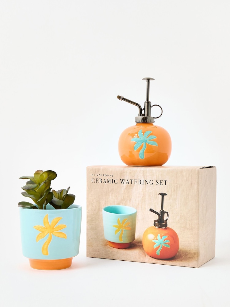 Oliver Bonas Blue Palm Tree Plant Pot & Mister Gift Set - Image 1 of 6