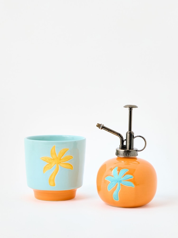 Oliver Bonas Blue Palm Tree Plant Pot & Mister Gift Set - Image 2 of 6