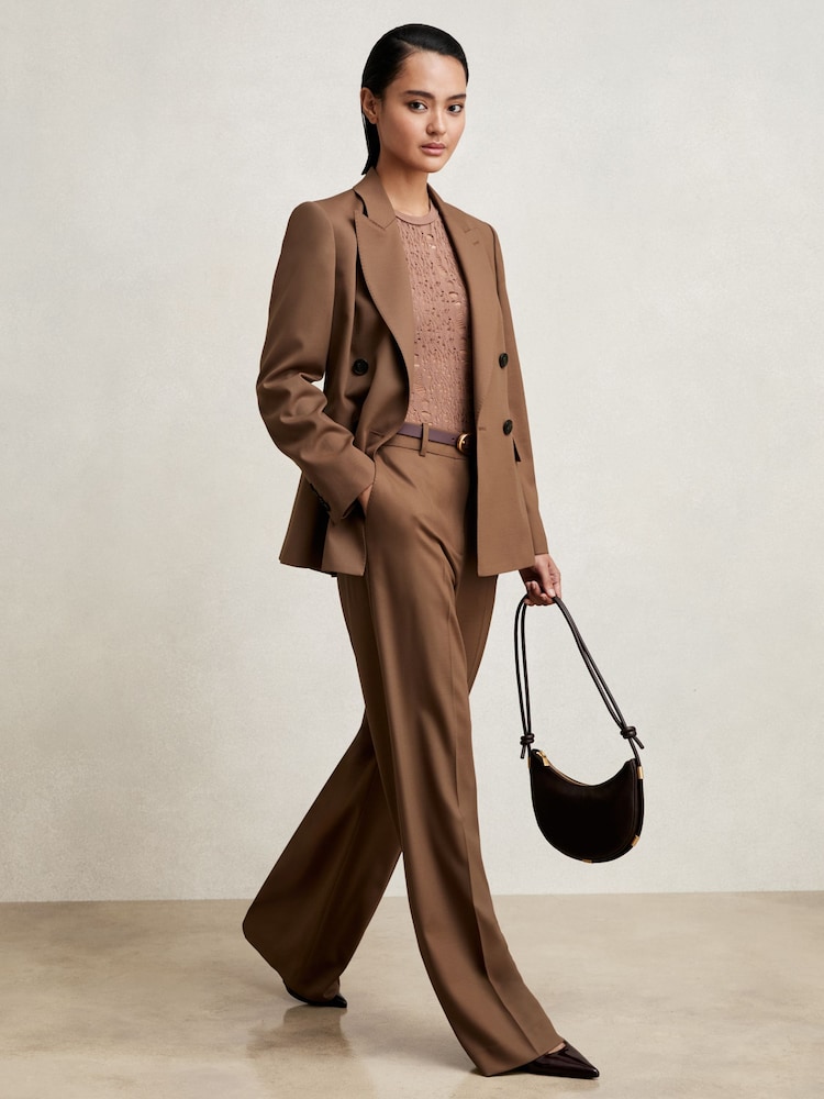 Reiss Tan Solene Petite Wool Blend Double Breasted Suit Blazer - Image 1 of 6