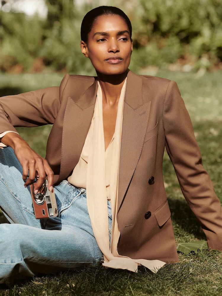 Reiss Tan Solene Petite Wool-Blend Double-Breasted Suit Blazer - Image 1 of 7 Reiss Tan Solene Petite Wool-Blend Double-Breasted Suit Blazer - Image 1 of 7