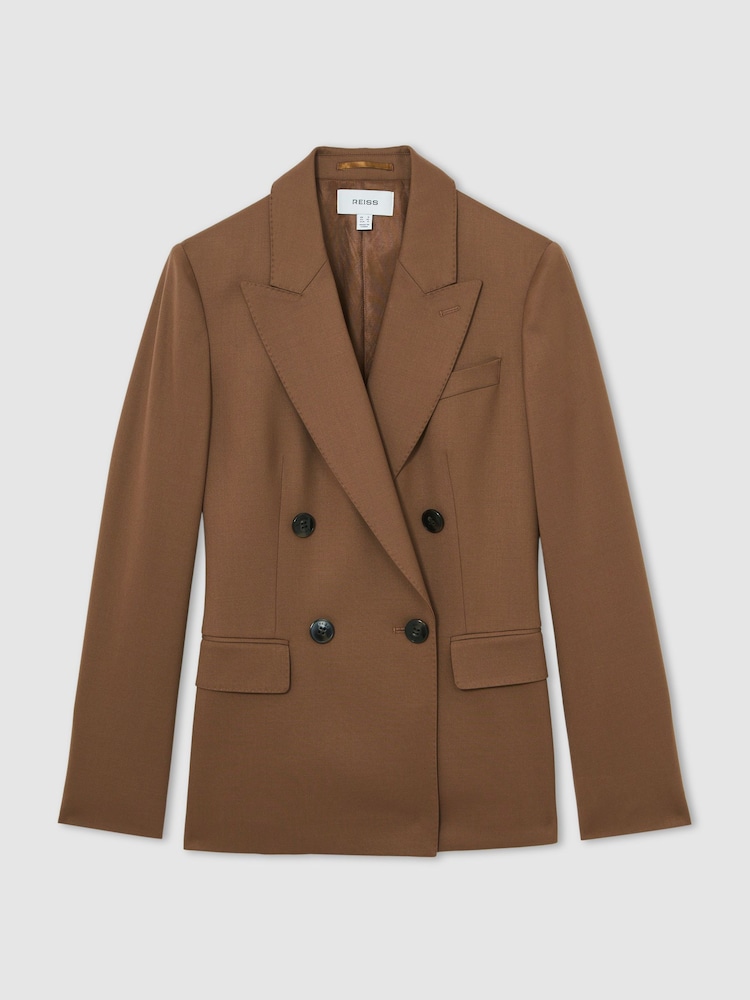Reiss Tan Solene Petite Wool Blend Double Breasted Suit Blazer - Image 2 of 6