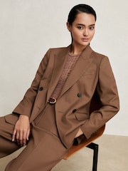 Reiss Tan Solene Petite Wool Blend Double Breasted Suit Blazer - Image 3 of 6