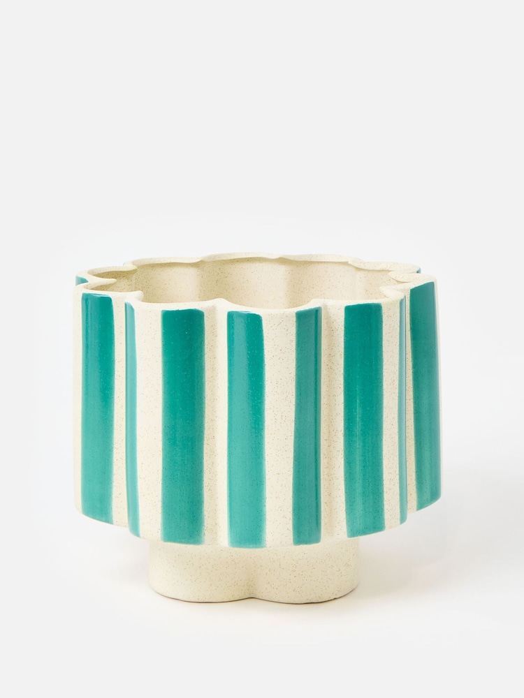 Oliver Bonas Blue Large Joya Scalloped Stripe Plant Pot - Image 2 of 5