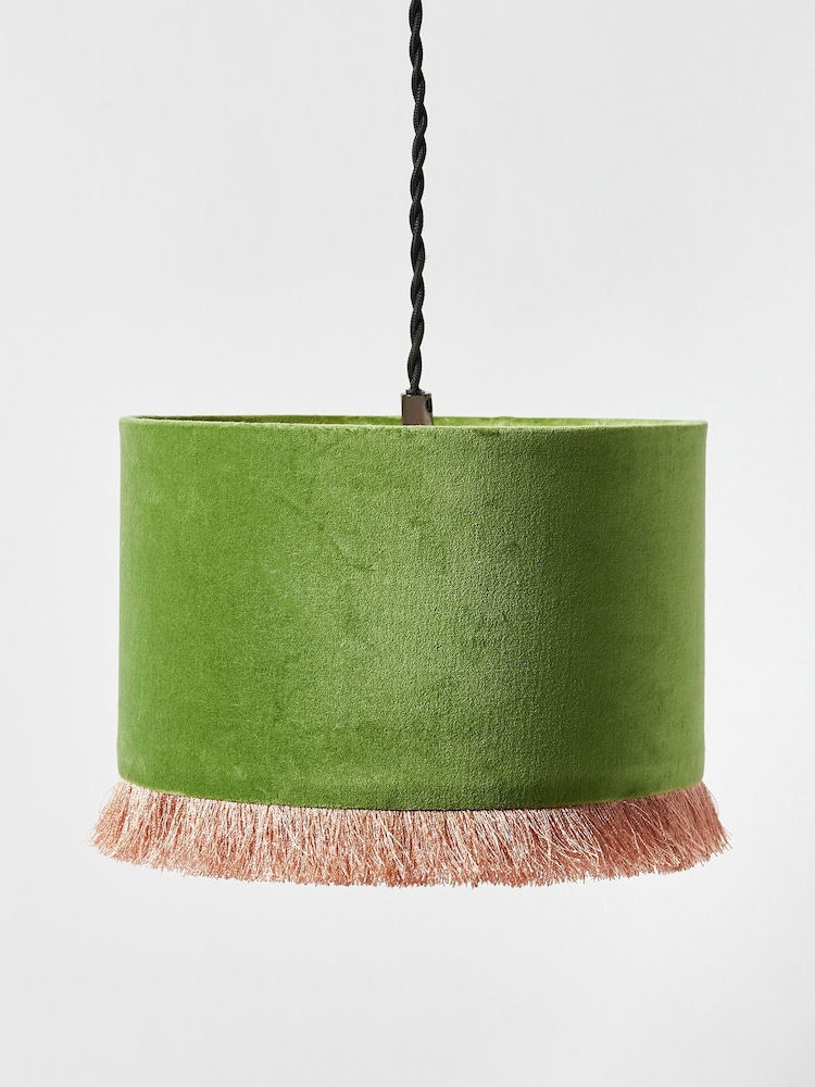 Oliver Bonas Green Ero Velvet And Tassel Drum Lamp Shade - Image 1 of 3