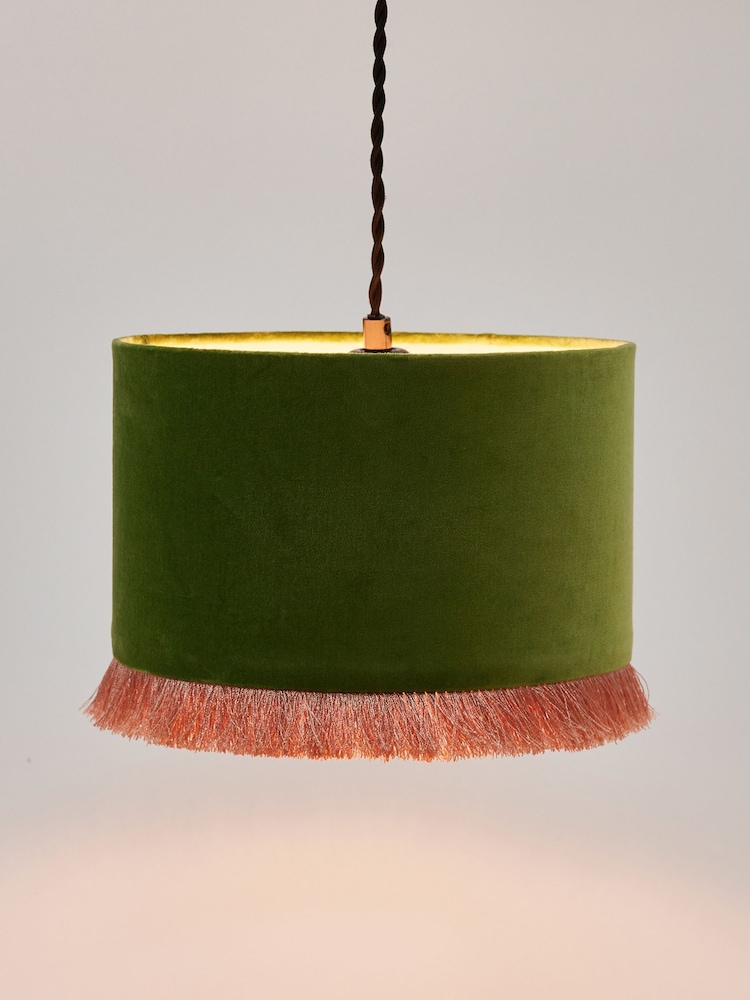 Oliver Bonas Green Ero Velvet And Tassel Drum Lamp Shade - Image 2 of 3