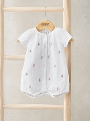Mamas & Papas Scattered Floral Embroidered Shortie 100% Cotton White Romper - Imagen 1 de 3