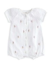Mamas & Papas Scattered Floral Embroidered Shortie 100% Cotton White Romper - Imagen 2 de 3