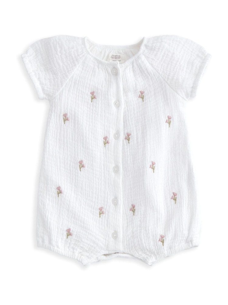 Mamas & Papas Scattered Floral Embroidered Shortie 100% Cotton White Romper - Imagen 2 de 3