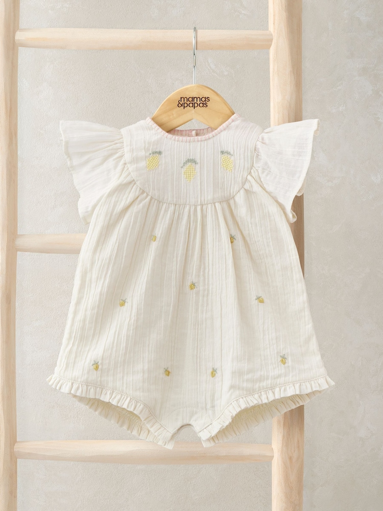 Mamas & Papas White Lemon Embroidered 100% Cotton Romper - Image 1 of 3