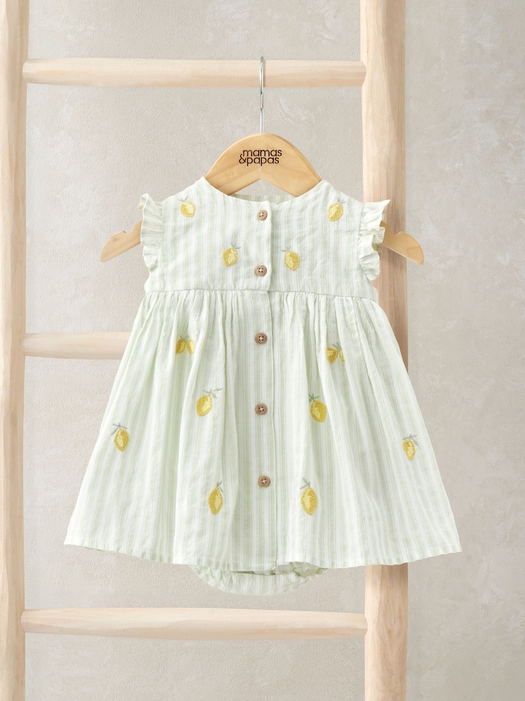 Mamas & Papas Green Lemon Embroidered Striped Mock Dress - Image 1 of 3