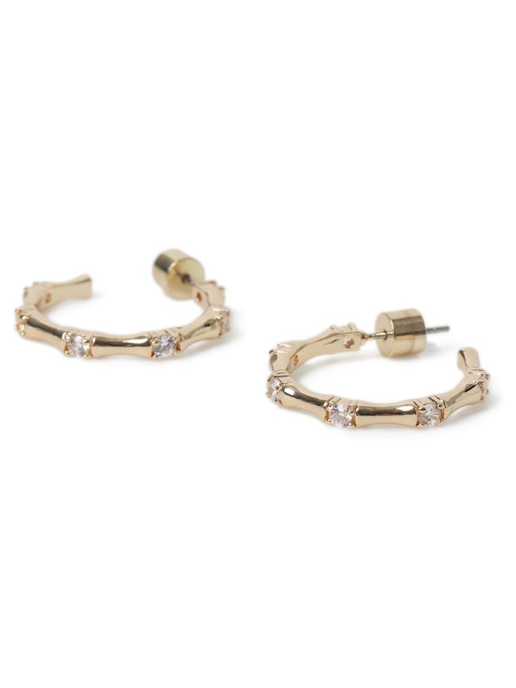 Aela Gold Tone Diamond Simulant Bamboo Hoop Earrings - Image 2 of 3 Aela Gold Tone Diamond Simulant Bamboo Hoop Earrings - Image 2 of 3