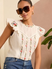 Love & Roses White Ecru Embroidery Crew Neck Shell Top - Image 1 of 4