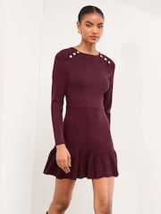 Lipsy Berry Red Knitted Scallop Buttoned Pleated Hem Mini Dress - Image 1 of 4