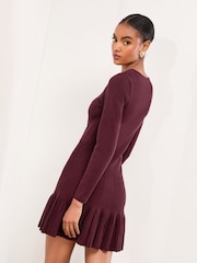 Lipsy Berry Red Knitted Scallop Buttoned Pleated Hem Mini Dress - Image 2 of 4