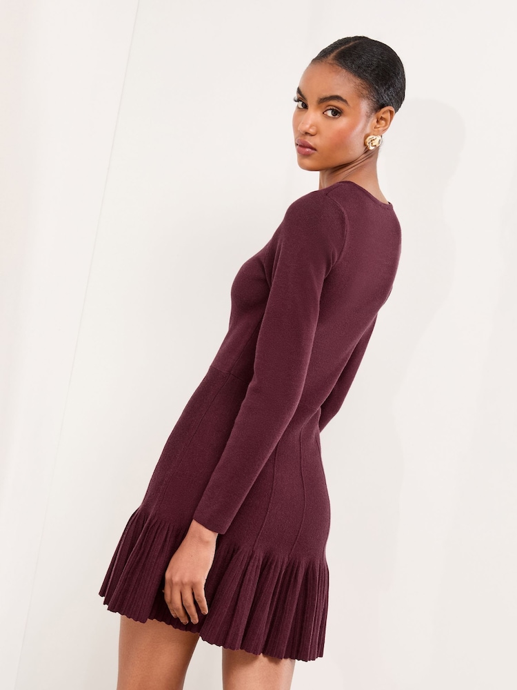 Lipsy Berry Red Knitted Scallop Buttoned Pleated Hem Mini Dress - Image 2 of 4