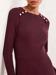 Lipsy Berry Red Knitted Scallop Buttoned Pleated Hem Mini Dress - Image 4 of 4