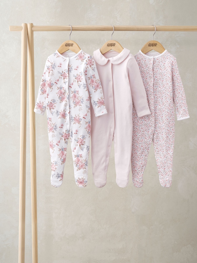 Mamas & Papas Floral Print 100% Cotton Sleepsuits 3 Pack - Image 1 of 3