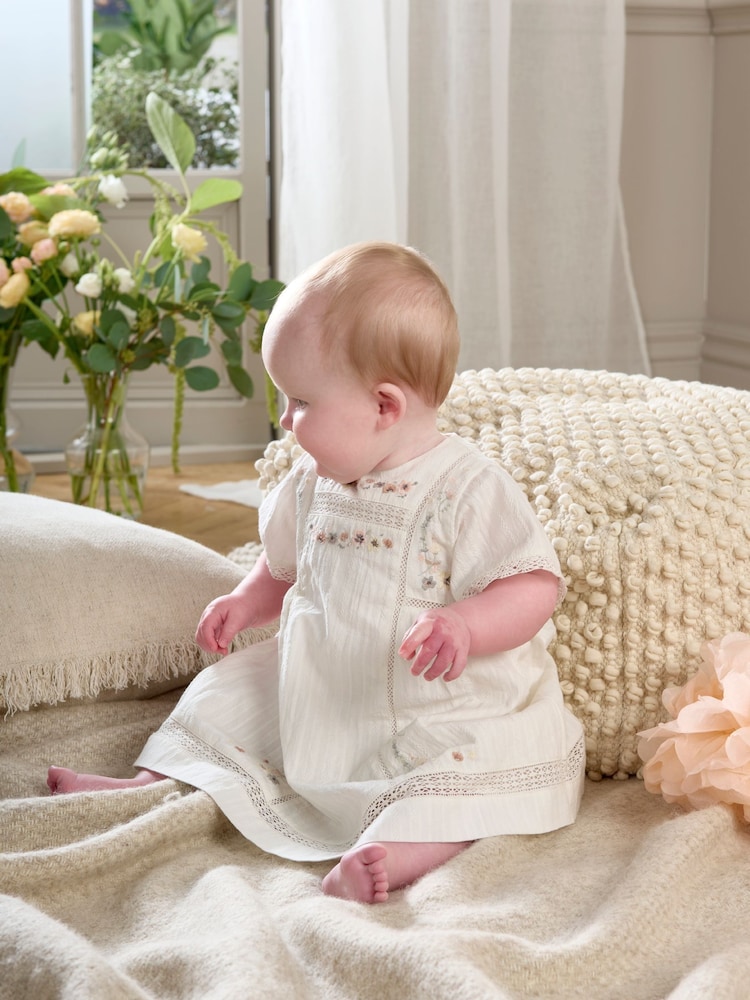Mamas & Papas Embroidered 100% Cotton White Dress - Image 1 of 6