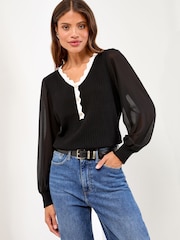 Preto - Lipsy Tipped Scallop Chiffon Sleeve Knitted Jumper - Imagem 2 de 4