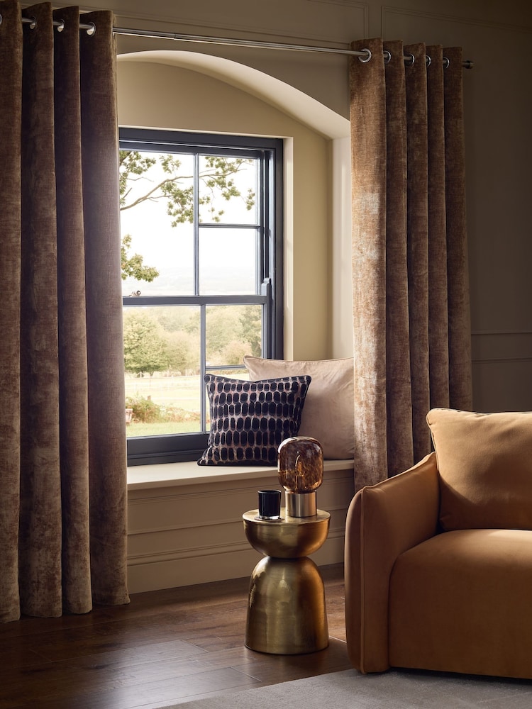 Tan Brown Blackout/Thermal Plush Chenille Eyelet Curtains - Image 1 of 6