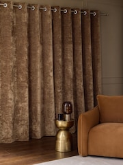 Tan Brown Blackout/Thermal Plush Chenille Eyelet Curtains - Image 3 of 6