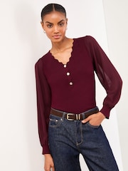 Berry Red - Lipsy Tipped Scallop Chiffon Sleeve Knitted Jumper - Imagem 2 de 4