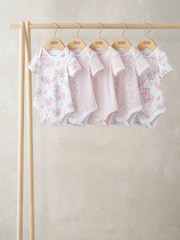 Mamas & Papas Pink Floral Print 100% Cotton Short Sleeve Bodysuits 5 Pack - Image 1 of 3