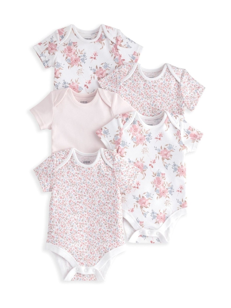 Mamas & Papas Pink Floral Print 100% Cotton Short Sleeve Bodysuits 5 Pack - Image 2 of 3
