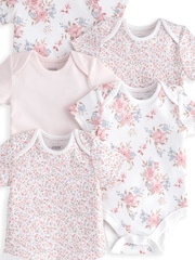 Mamas & Papas Pink Floral Print 100% Cotton Short Sleeve Bodysuits 5 Pack - Image 3 of 3