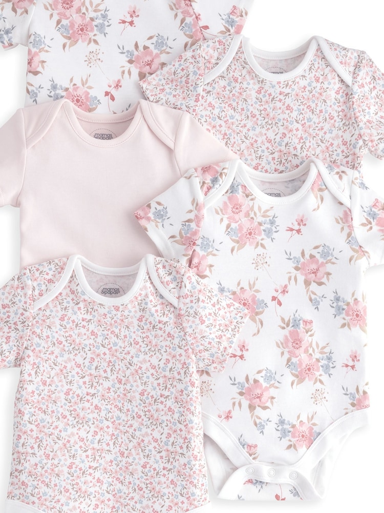 Mamas & Papas Pink Floral Print 100% Cotton Short Sleeve Bodysuits 5 Pack - Image 3 of 3