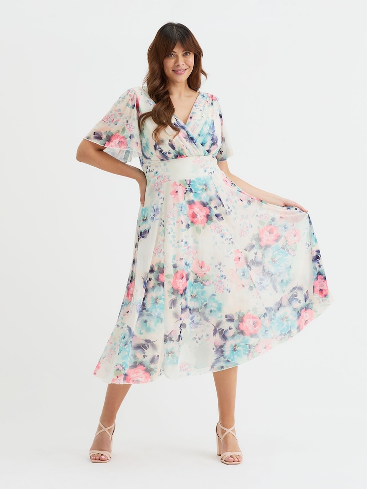 Scarlett & Jo White Victoria Angel Sleeve Mesh Midi long Dress - Image 1 of 4
