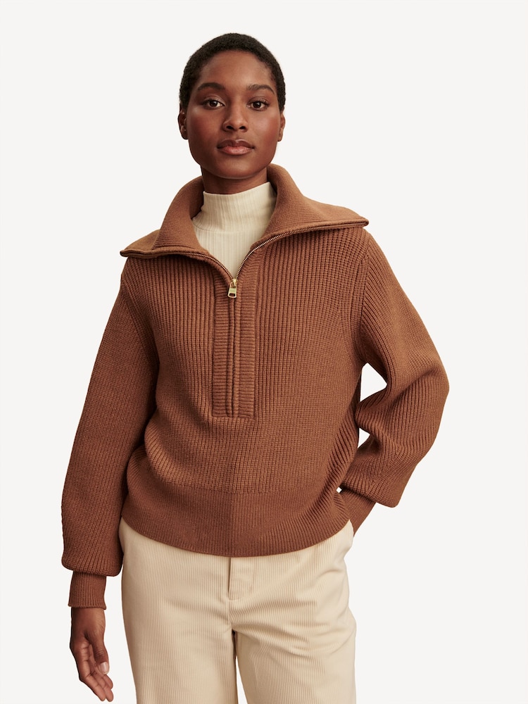Varley Brown Maura Half Zip Rib Knit Jumper - Image 1 of 7 Varley Brown Maura Half Zip Rib Knit Jumper - Image 1 of 7