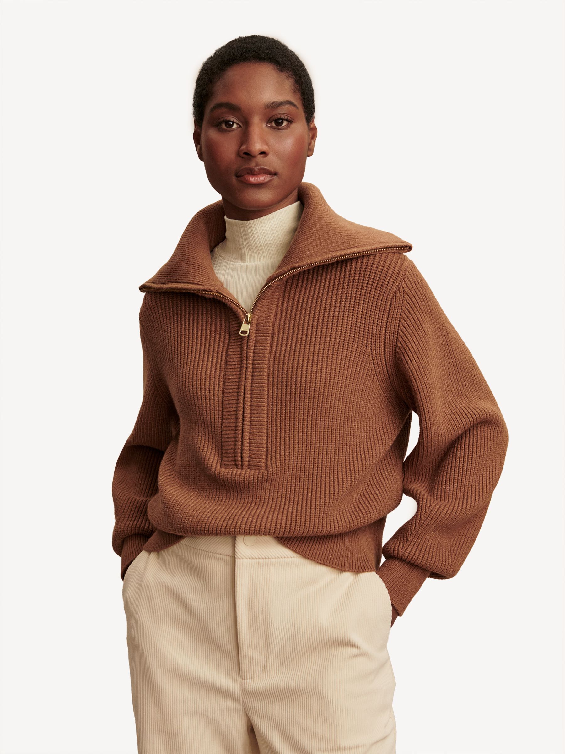 Varley Caramel Pecan Maura Half Zip Rib Knit Jumper | Seasons