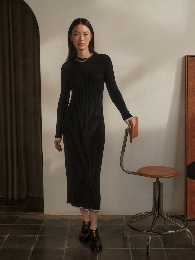 Varley Black Axel Rib Knit Midi Dress - Image 1 of 6 Varley Black Axel Rib Knit Midi Dress - Image 1 of 6