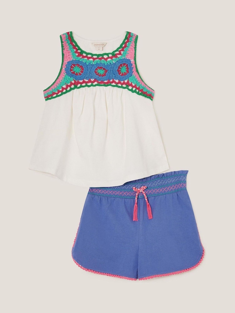 Monsoon Blue 100% Cotton Crochet Vest and Shorts Set - Image 1 of 3