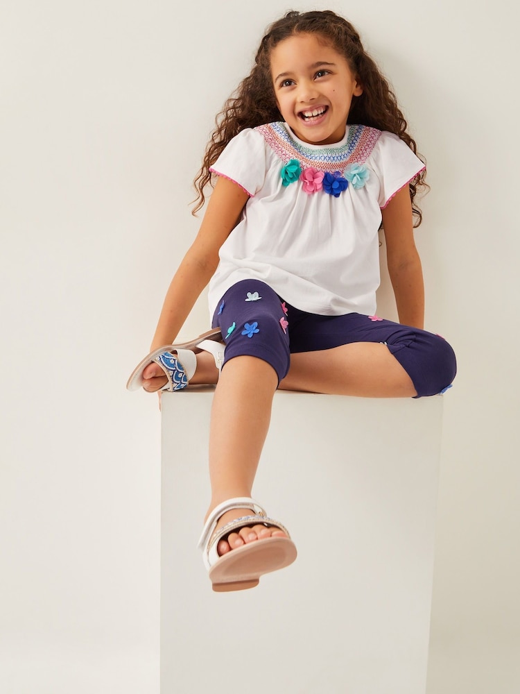 Monsoon Natural 100% Cotton 3D Flower Embroidered Top and Leggings Set - Image 1 of 4