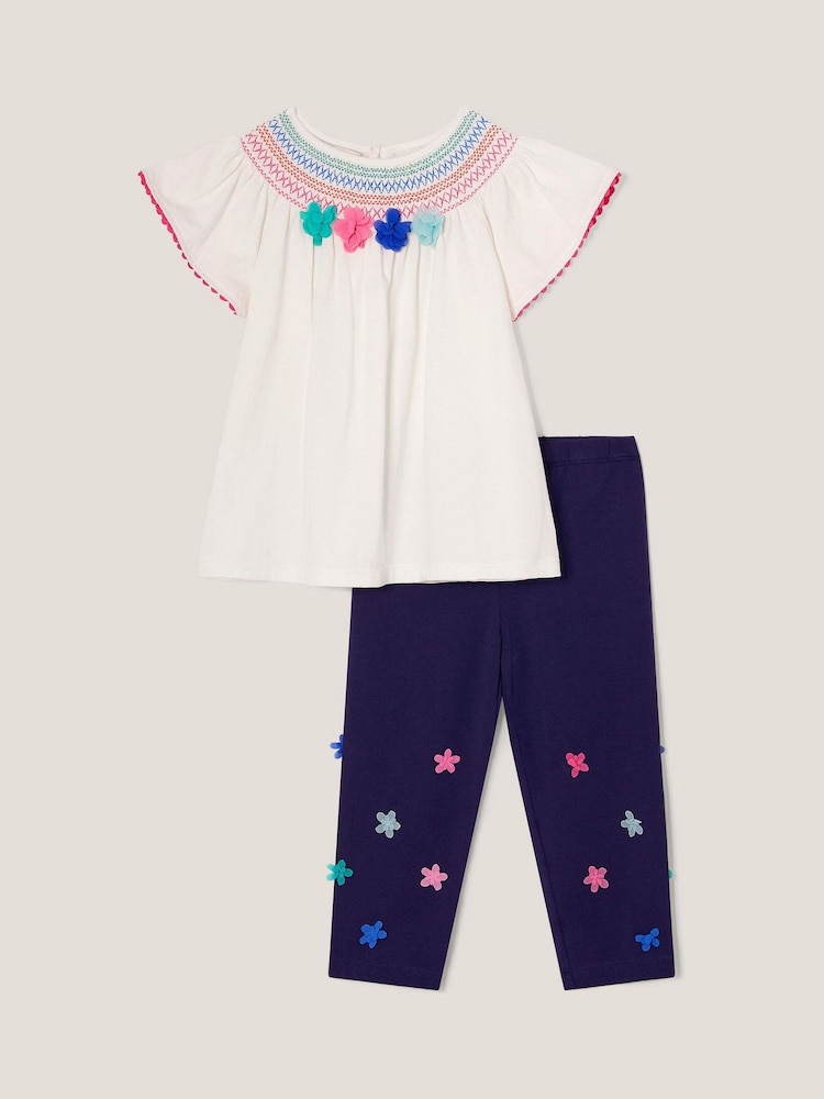 Monsoon Natural 100% Cotton 3D Flower Embroidered Top and Leggings Set - Image 2 of 4