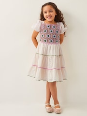 Monsoon Natural Crochet Broderie Puff-Sleeve 100% Cotton Dress - Image 1 of 4
