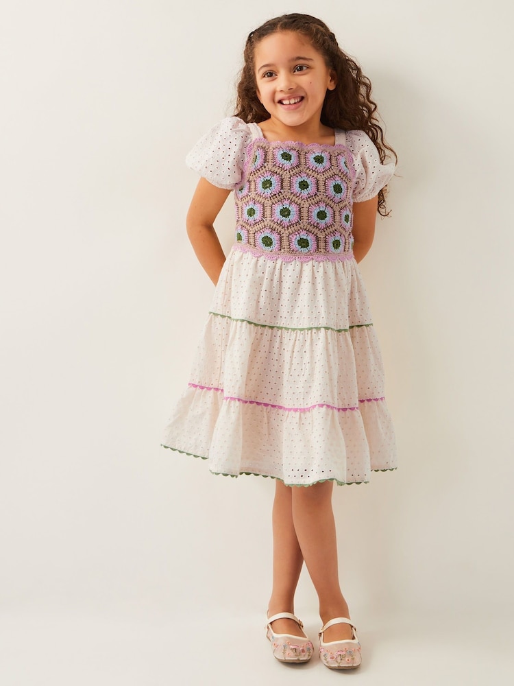 Monsoon Natural Crochet Broderie Puff-Sleeve 100% Cotton Dress - Image 1 of 4