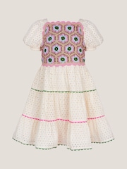 Monsoon Natural Crochet Broderie Puff-Sleeve 100% Cotton Dress - Image 2 of 4