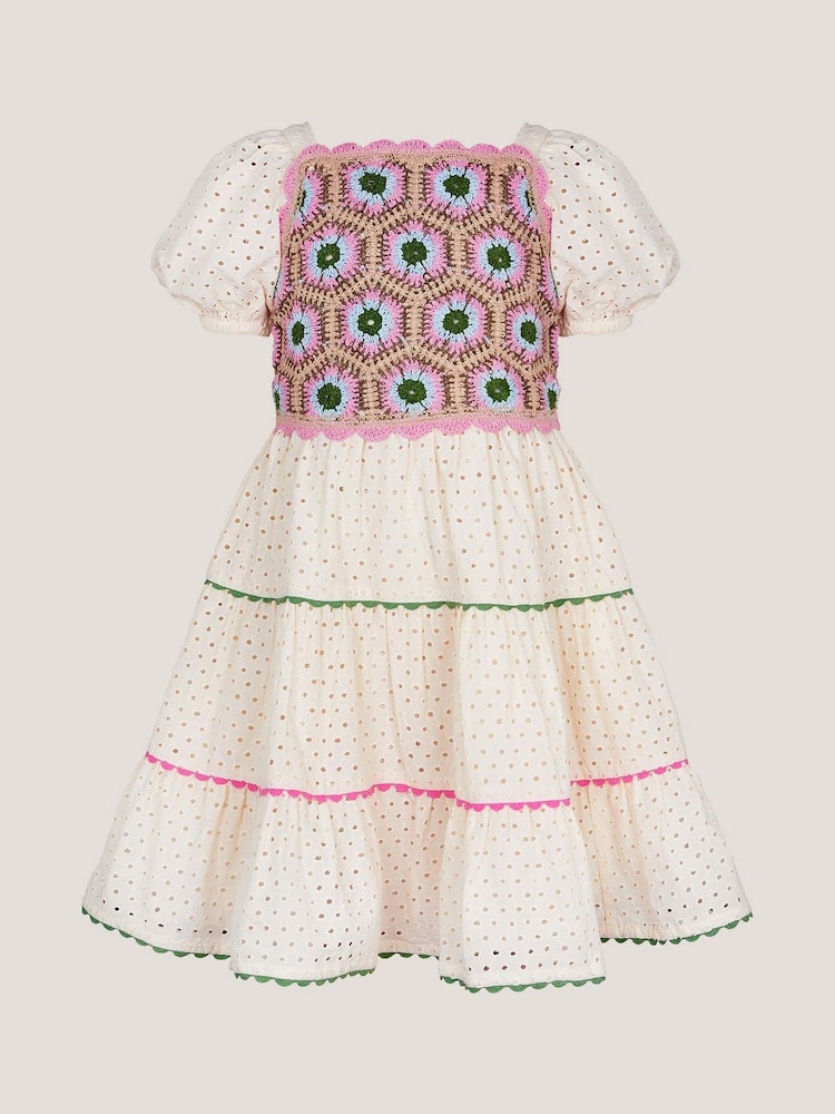 Monsoon Natural Crochet Broderie Puff-Sleeve 100% Cotton Dress - Image 2 of 4