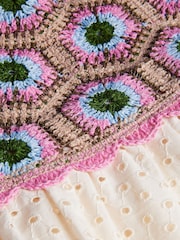 Monsoon Natural Crochet Broderie Puff-Sleeve 100% Cotton Dress - Image 4 of 4