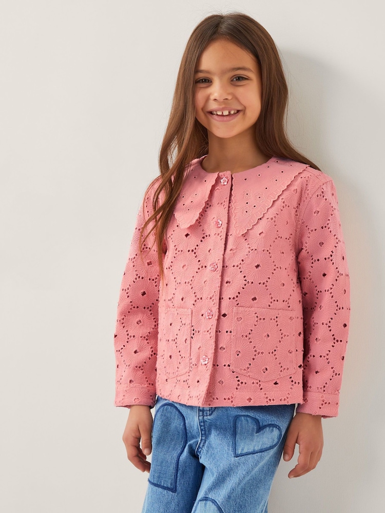 Monsoon Pink 100% Cotton Broderie Floral Collar Jacket - Image 1 of 4 Monsoon Pink 100% Cotton Broderie Floral Collar Jacket - Image 1 of 4